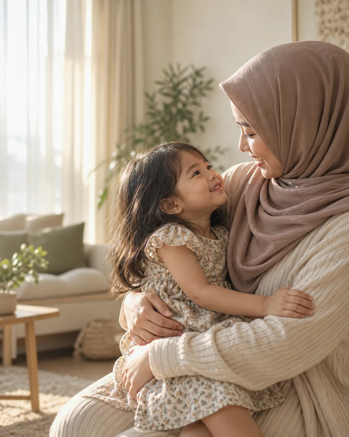 Seorang ibu dan anaknya berbagi momen hangat di rumah.
